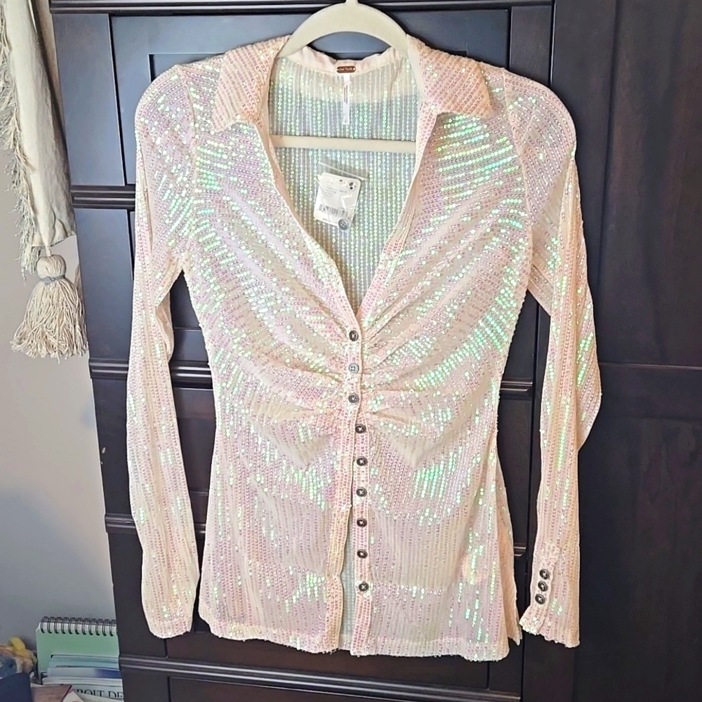Free People Sequin Button Down Collerd Shirt New With Tags Size S